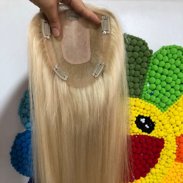 Stock 16" 6x5.5" Light Blonde European Virgin Hair Topper;  Full Handtied Natural Look  Human Hair Topper; Silk Part 613 Clip/glue On