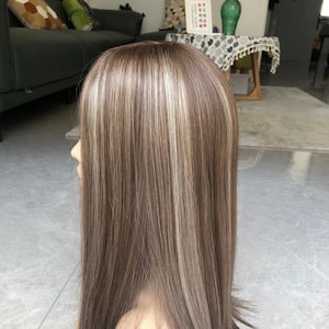 Stock 14-18&quot; Premium Light Brown Blonde Highlighted Human Hair Topper, 8x8&quot;  European Virgin Hair Toupee