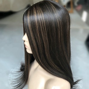 20&quot; 8x8&quot; Natural Black Highlighted Silk Top Human Virgin Hair Topper, Realistic Skin Base Silk Topper, European Hair Toupee Kippa Fall 1/7