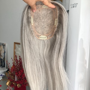 5.5x6&quot; Salt & Pepper Human Hair Topper: Silver Blonde Gray Brazilian Virgin Hair