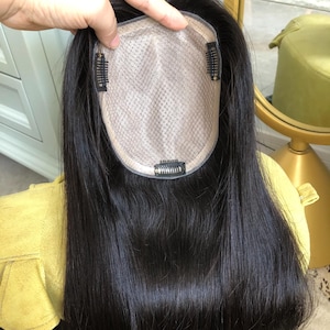 20&quot; Natural Black Silk Base Human Hair Topper: Light Volume (5.6x6.4&quot;)