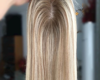 Topper per capelli vergini europei biondi con base in seta, 12-18" 3x5", colore 9/613, per capelli diradati