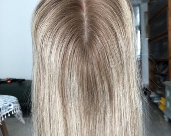 Parrucche per capelli vergini europei realistiche da 16" 18" 3x5", con riga libera, biondo cenere fumé, per dare volume ai capelli.