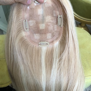 14&quot; Blonde Highlighted European Human Hair Topper: 5x6&quot; Free Part Monofilament Base