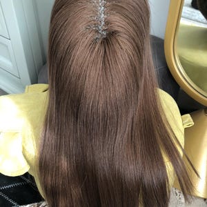 16" lichtbruin gaas topper van echt haar, 6 x 6,5" visnetintegratiehaarsysteem
