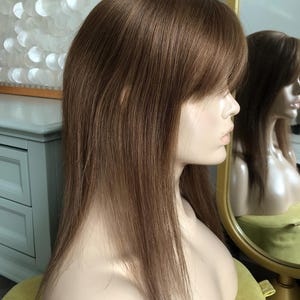 14“ Full Silk Base Realistic Scalp Hairline Topper With Bangs For Bald Forehead