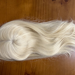 Puede incluir: Una peluca rubia con una base circular fina. El cabello es largo y ondulado, con una textura natural.