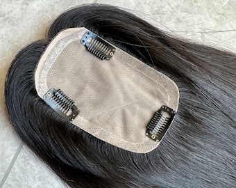 16" Free Part Silk Base European Hair Topper;Natural Black 8x12cm Realistic Scalp Toupee