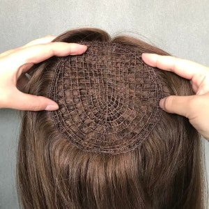 May include: A brown hairpiece with a circular, brown mesh base. The mesh base is visible through the hair.