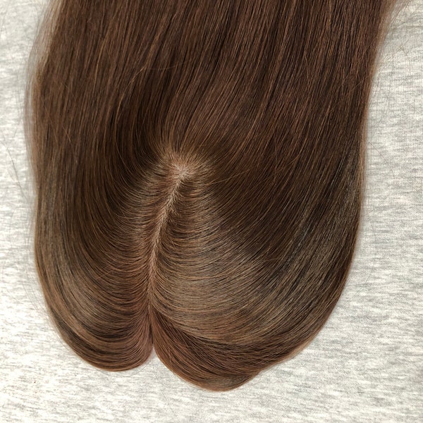 15" #4  Brown Free Part Silk Base European Hair Topper/Human Hair Topper For Hair Volume, Human Hair Toupee For Thinning Hair