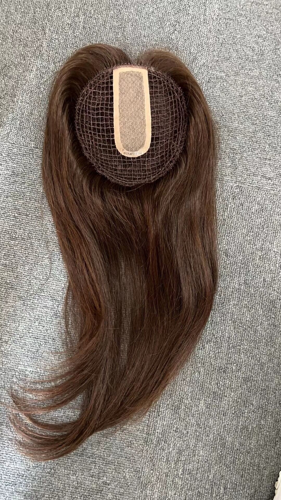 16" 6x6.5 Inches Fishnet Integration Silk Parted European Human Virgin Hair Topper, Breathable Toupee For Loss