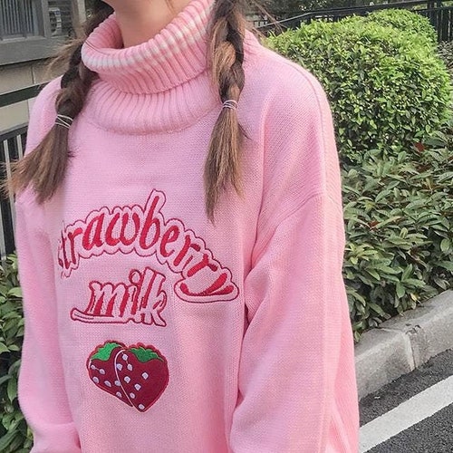Strawberry Milk Knitted Sweater Kawaii Japanese Embroidered | Etsy