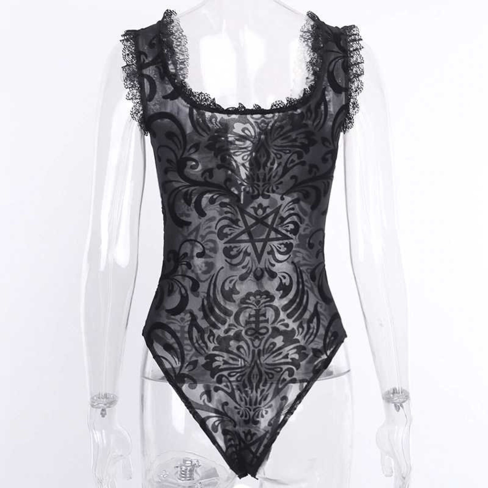 Lace Bodysuit Goth Lingerie Pentagram Black Sheer Lace Black | Etsy