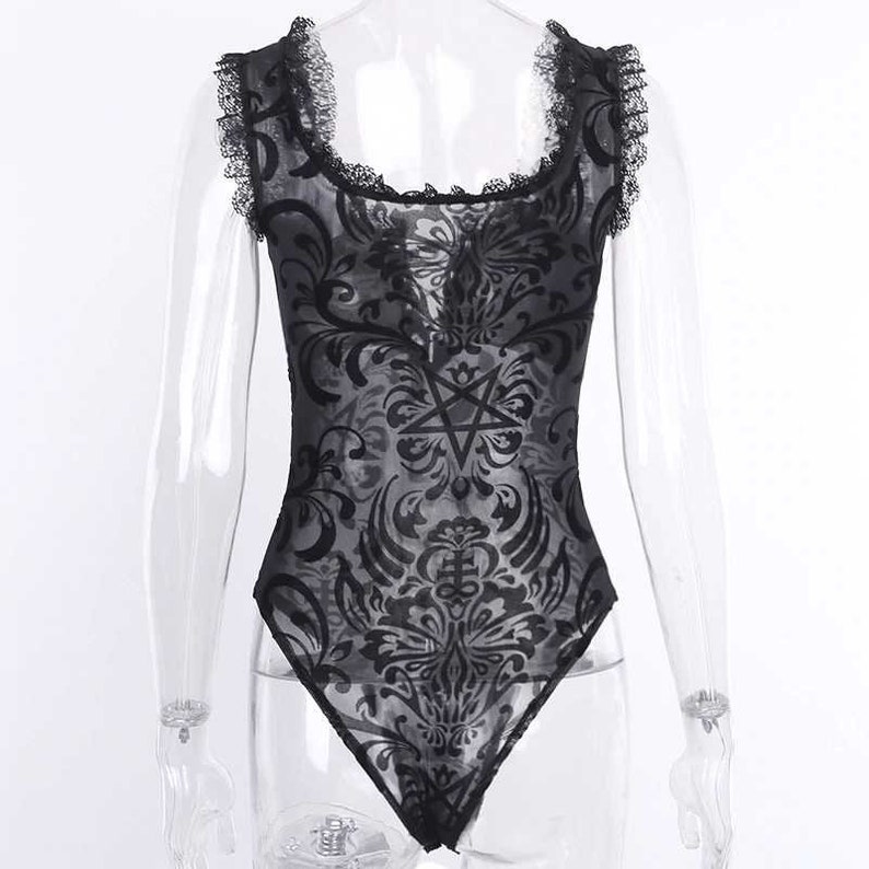 Black Sheer Lace Bodysuit Gothic Dark Black Streetwear Goth | Etsy