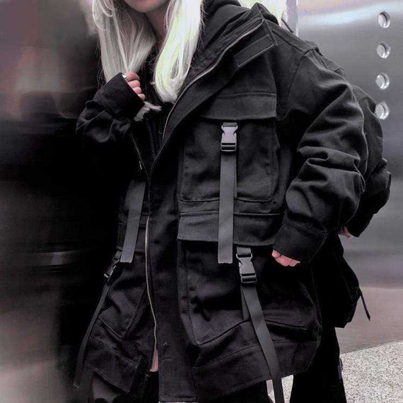 Cyberpunk Techwear Jacket Women Black Cargo Pockets Futuristic | Etsy