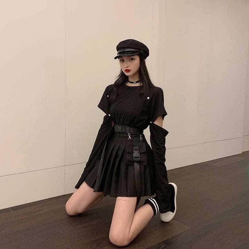 Pleated Skirt Set Harajuku Techwear Cargo Skirt Top Set | Etsy