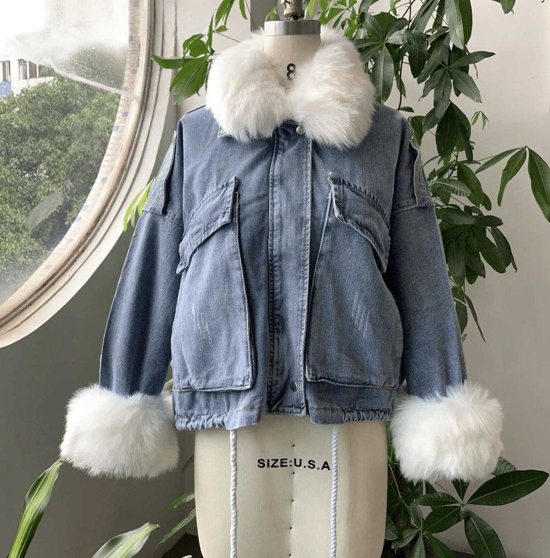 Faux Fur Coat Jean Jacket Fancy Winter Jacket Y2K Denim Jacket Etsy