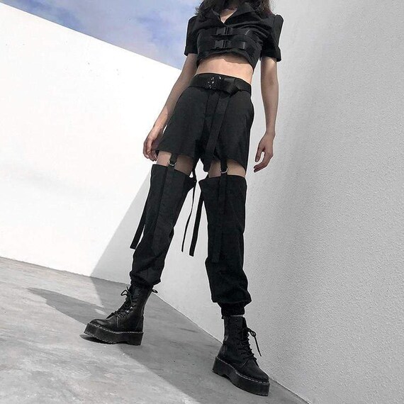 Black Harajuku Split Leg Pants Techwear Japanese Outfit Mid | Etsy
