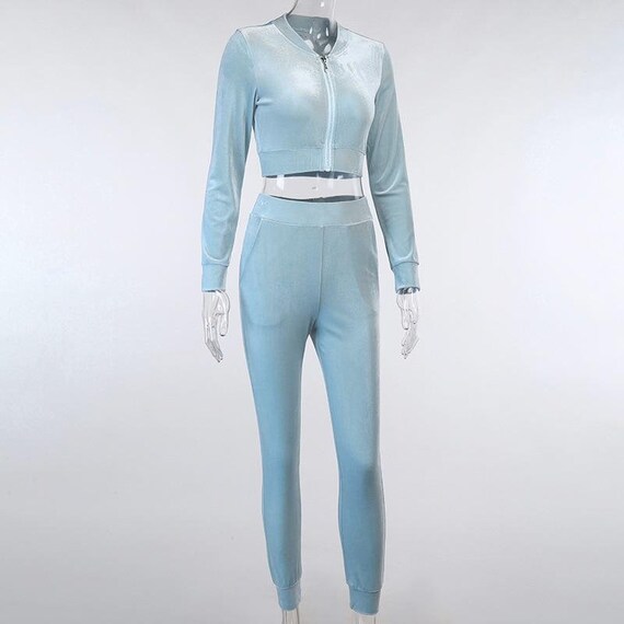 Chándal de mujer Rhinestone 2 Piece Set Velour Cropped Zip Up | Etsy México