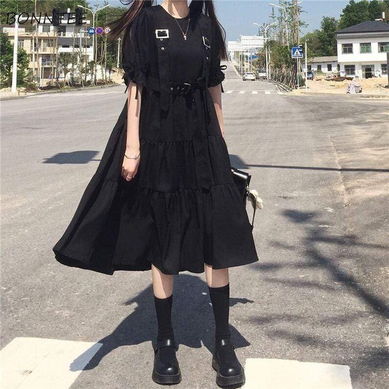 Gothic Midi Dress Grunge Ruched Ruffled Black Knee Length Etsy