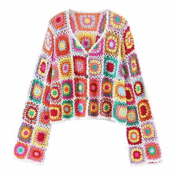 Retro Ethnic Style Crocheted Colorful Cardigan Spring and | Etsy