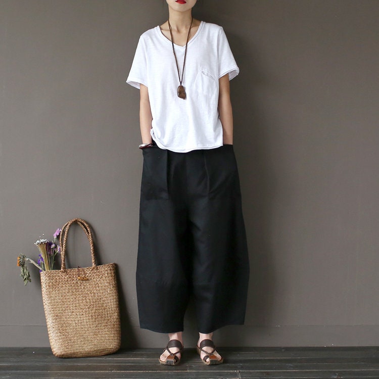 Women's Japanese Loose Wide Leg Ninth Pants Linen Harem - Etsy