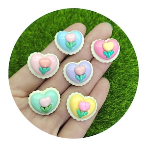 Cabujones de resina con parte posterior plana de tulipán y corazón Kawaii, piezas decorativas para teléfono, adorno artesanal, accesorios de decoración de funda de teléfono DIY