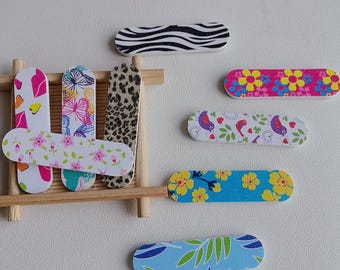 Mini limas de unha com padrões aleatórios, dupla face, para lixa de unha, chaveiro, ferramentas para manicure