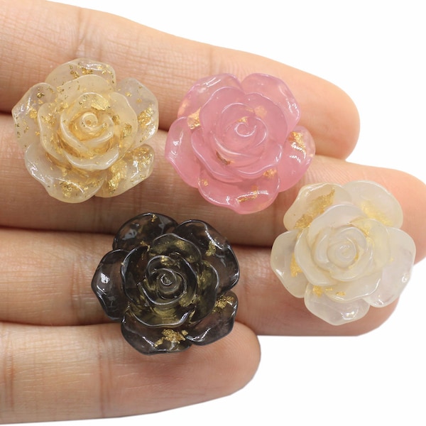 23mm 3D Glitter Rose Resin Flower Flat Back Cabochons For DIY Craft Decoration