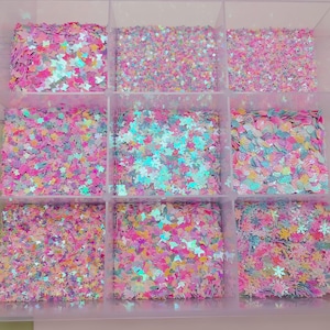May include: A clear plastic organizer filled with various shapes of iridescent glitter in shades of pink, blue, and yellow. The glitter is divided into nine compartments, each containing a different mix of shapes and colors, creating a sparkling, colorful display.