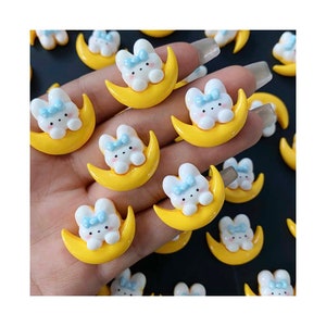 Cabujones de resina con diseño de luna y conejo kawaii, con reverso plano, para manualidades, decoración de teléfono, accesorios para el cabello