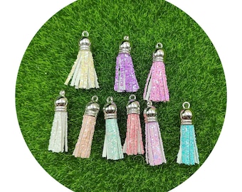 Glitter Faux Suede Leather Tassel with Gold Bronze Top for Keychain Cellphone Straps Jewelry Charms