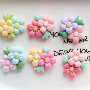Op de afbeelding: Zes decoratieve bloemclusters van hars, gerangschikt in twee rijen op een witte ondergrond met zwarte tekst. Elk cluster bevat twee bloemen met vijf bloemblaadjes in pasteltinten zoals geel, blauw, roze en paars, geaccentueerd met groene blaadjes.