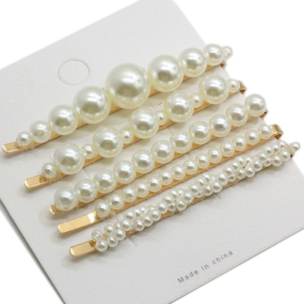 5pcs Women Girls White Elegant Full Pearls Hair Clips Sweet Hair Ornament Hairpin Barrette Headband Hair Accessories