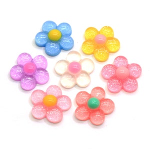 Cabujones de resina transparente con parte posterior plana de 18 mm, diseño de margaritas y purpurina para decoración de uñas