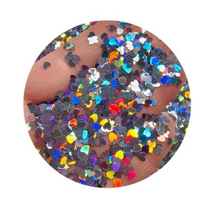 Corazón de purpurina gruesa plateada láser de 3 mm para cosméticos, decoración de uñas, relleno de resina para slime de vaso.