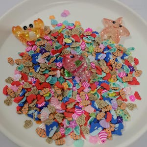 Könnte beinhalten: Eine Sammlung bunter Polymer Clay Verzierungen in einer weißen Schüssel. Das Sortiment umfasst verschiedene Meeresbewohner wie Fische, Seesterne und eine Krabbe. Die Tonstücke sind in Orange-, Blau-, Rosa- und Grüntönen gehalten.
