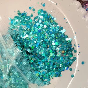 Puede incluir: Primer plano de un montón de purpurina turquesa de varias formas y tamaños. La purpurina es una mezcla de formas hexagonales e irregulares, con un acabado brillante e iridiscente. La purpurina está esparcida sobre una superficie blanca.