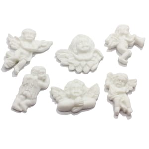 May include: Six white ceramic angel figurines with wings and different poses. The angels are all in a simple, classic style.