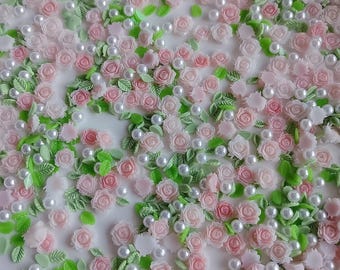 25g Light Pink Rose Green Leaves Pearl Mixed 3D Nail Charms for DIY Nail Accessories,Slime Supplies,Shaker Project Filling Material