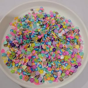 May include: A vibrant mix of polymer clay embellishments in a white bowl. The assortment features seashell, starfish, fish, and umbrella shapes, in pink, blue, yellow, green, and purple. These small, decorative pieces are suitable for craft projects.