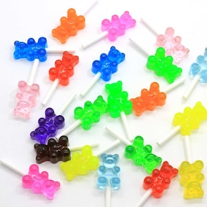 Piruletas falsas de ositos de goma kawaii, dijes de resina con parte trasera plana para colgantes, pendientes y llaveros DIY.