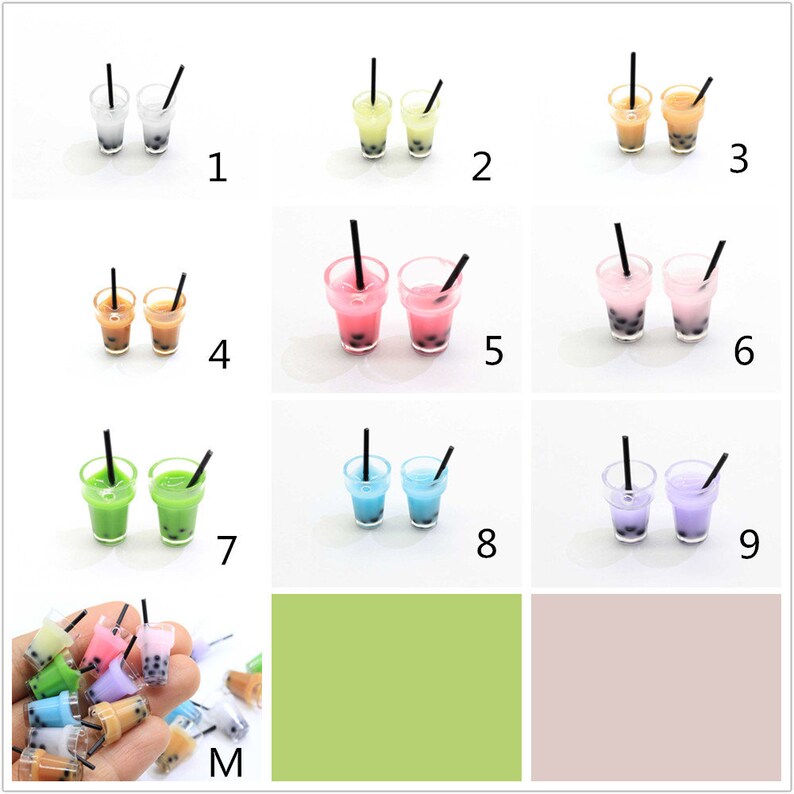 May include: Nine miniature bubble tea cups in different colours, each with a black straw. The cups are arranged in a grid pattern with three rows and three columns. Each cup is filled with a clear liquid and has black tapioca pearls at the bottom. The cups are labelled with numbers 1 through 9.