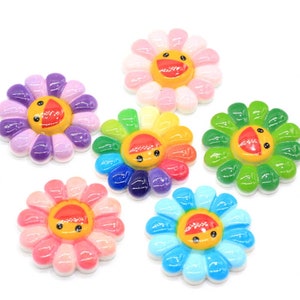 28mm Bicolor Petals Tournesol Résine Souriante Cabochons à dos plat| Miniatures de scrapbooking flatback en résine| Centres d’arc de cheveux de tournesol