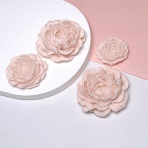 May include: Three pale pink, multi-layered flower-shaped ornaments with intricate, ruffled petal details. Two of the flowers are larger and similar in size, while the third flower is smaller. The items have a smooth, matte finish.