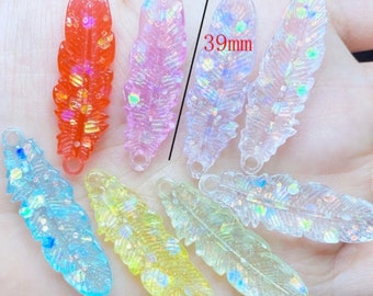 Dije de pluma con purpurina 3D en miniatura de resina kawaii para pendientes, pulseras, álbumes de recortes, accesorios de joyería