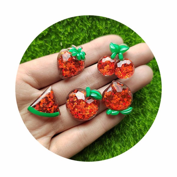 Resin Mini Glitter Red Cherry Strawberry Peach Watermelon Art Nails Flatback Rhinestone Appliques DIY Fruits