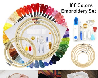 Full Set of Embroidery Thread Skeins - 100 Pieces - Pen Needle Hoop Set Kit Thread Punch Stitching Knitting Accessories