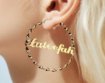 Name Hoop Earrings W/Metal NamePlate, Customize Name Earrings, Name Earrings,Personality Earrings, Name Earrings Hoop,