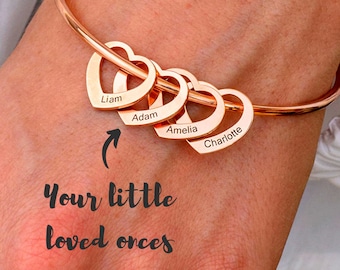 Personalized Name Bracelet, Custom Letters Heart Charms Bracelet, Inspirational Gift, Engraved Monogram Cuff Bangle, Bridesmaid Bracelets